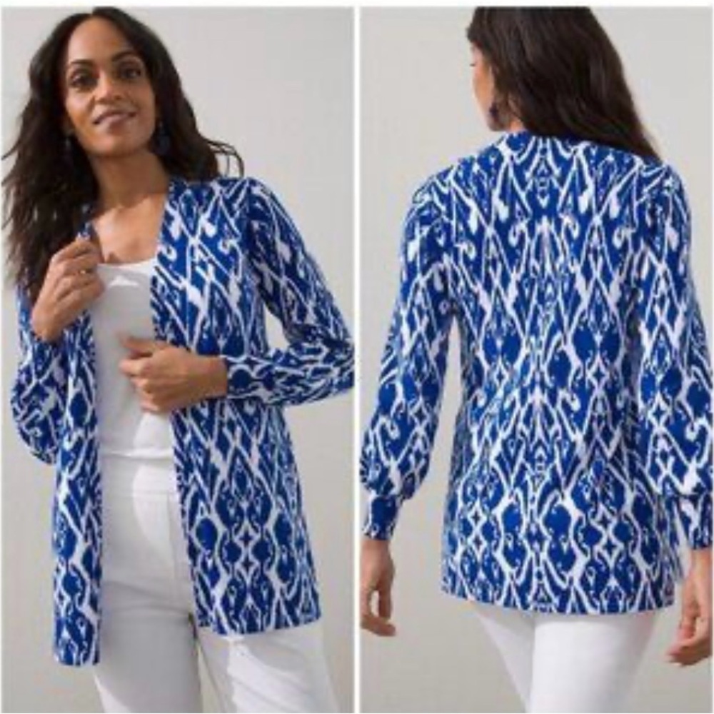 CHICO’S Open Front Blue And White Cardigan Small